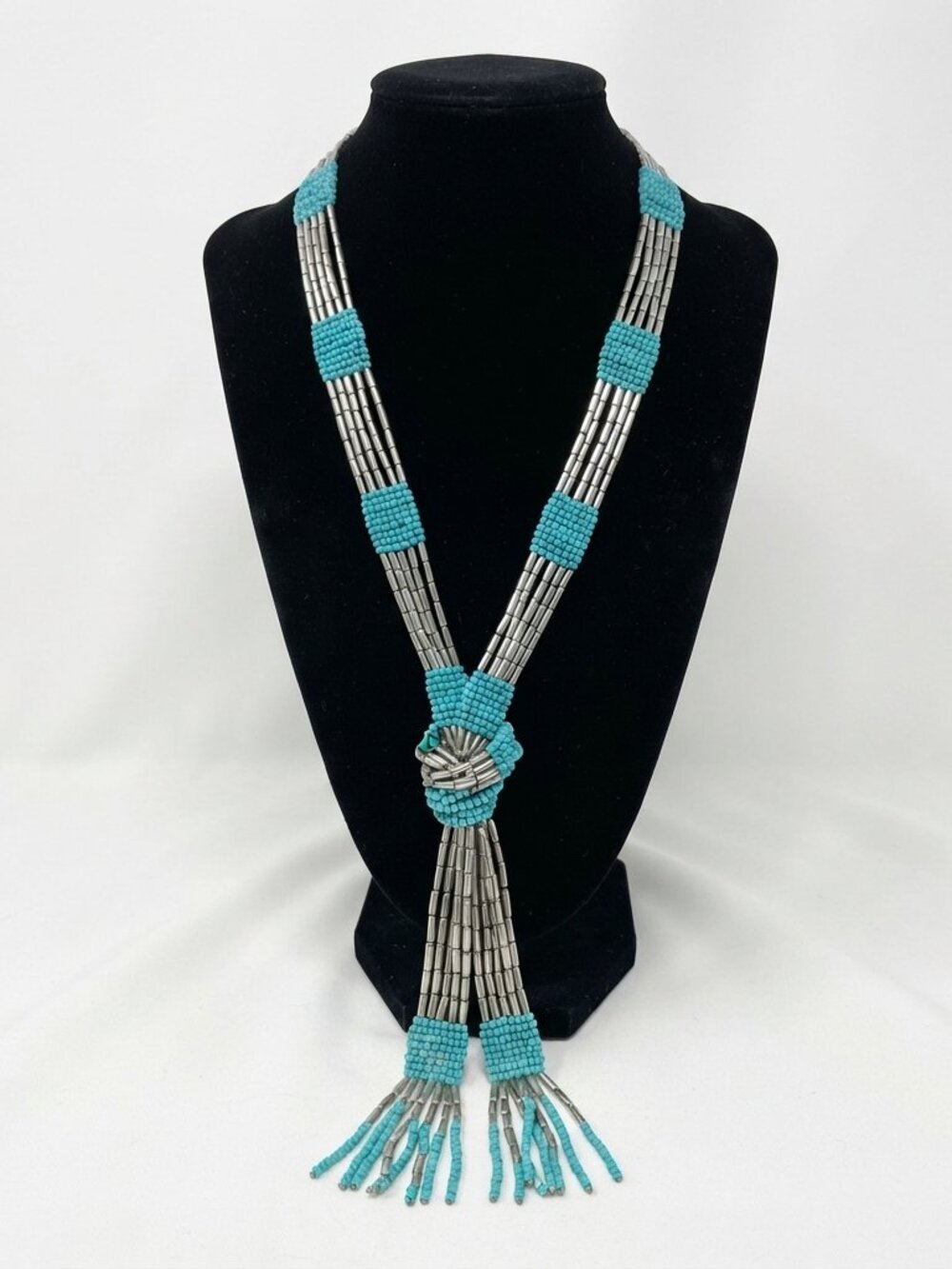 Mystique Boutique Aqua Blue Silver Beaded Lariat Tie Knot Tassel Necklace Boho